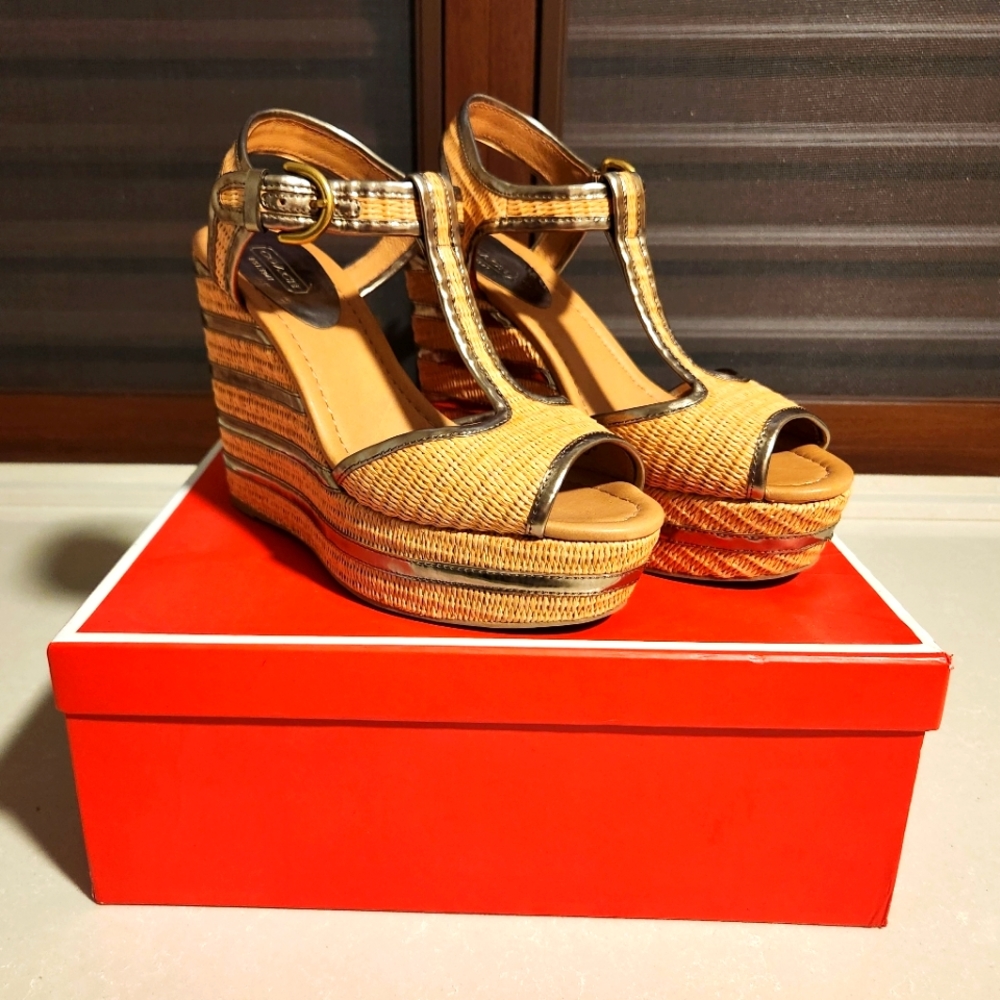 Coach Geneva Straw Mirror-Metallic Natural & Dark Gold Wedge Platform 8M